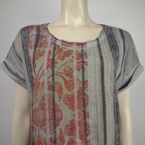 Peruvian Connection gray black orange damask striped short sleeve shirt Medium - Picture 2 of 7